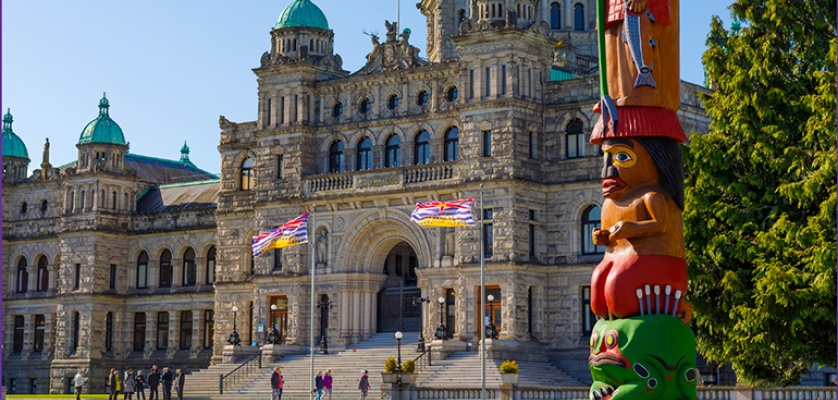 annual report cover, B.C. Legislature and totem pole